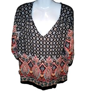 renee c. womens large boho patterned top black pink red cream coral